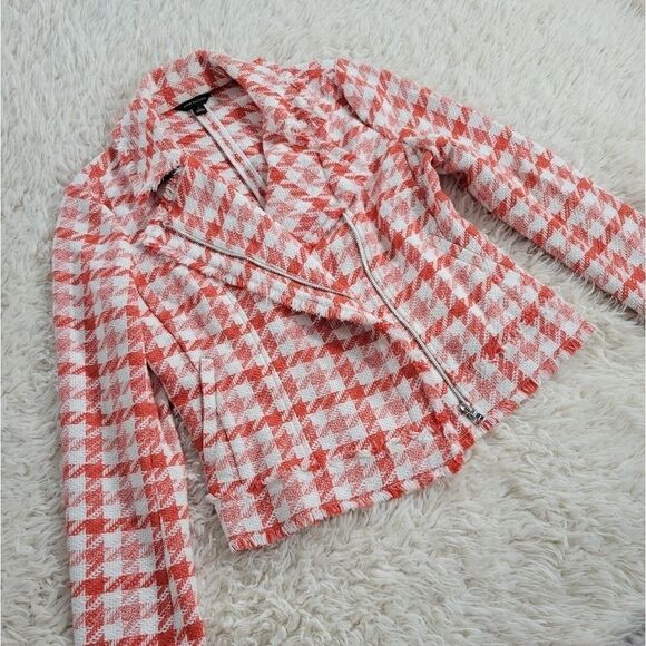 Ann Taylor Cotton Tweed Houndstooth Moto Jacket Orange White S - Picture 2 of 10
